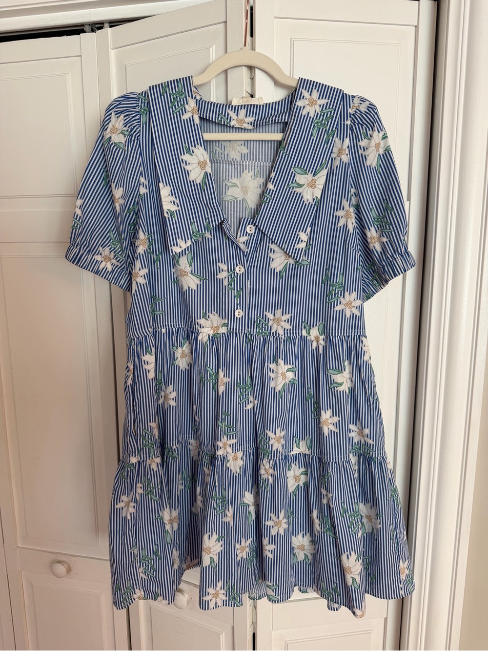 Blue and White Striped Floral dress with pockets